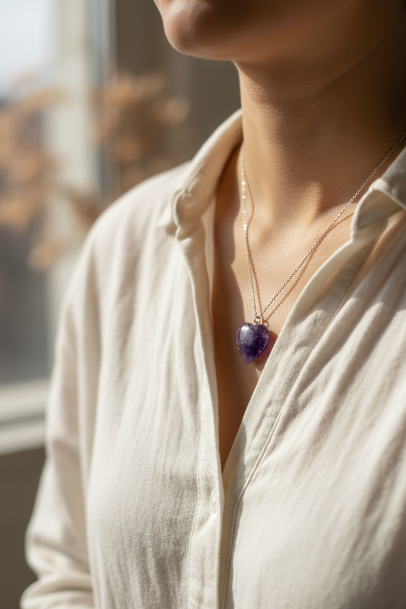 COLGANTE DE AMATISTA EN FORMA DE CORAZÓN – CALMA Y PROTECCIÓN EMOCIONAL