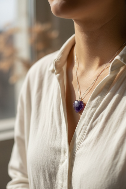 COLGANTE DE AMATISTA EN FORMA DE CORAZÓN – CALMA Y PROTECCIÓN EMOCIONAL