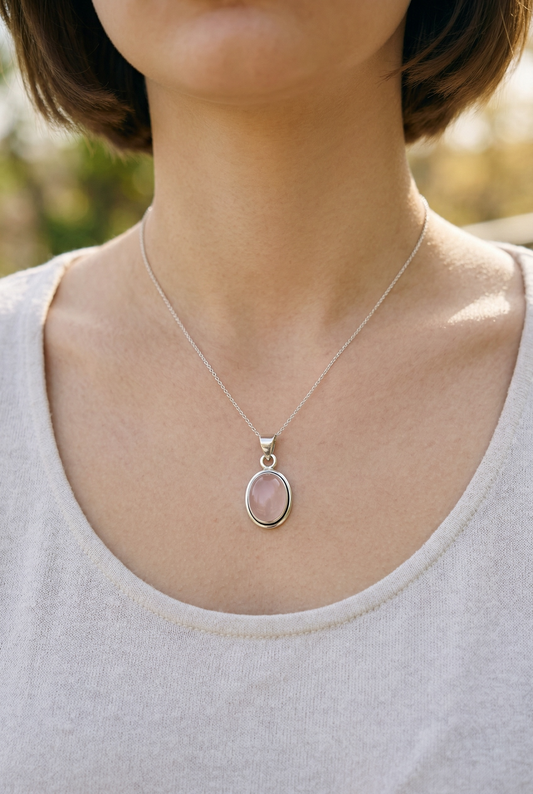 COLGANTE DE CUARZO ROSA EN FORMA DE ÓVALO – AMOR Y EQUILIBRIO EMOCIONAL